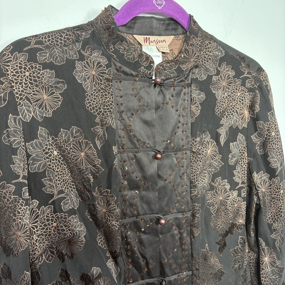 VTG Monsoon Womens Embellished Oriental Top Size 10 Brown Y2K Floral Silk Blend - Picture 2 of 13